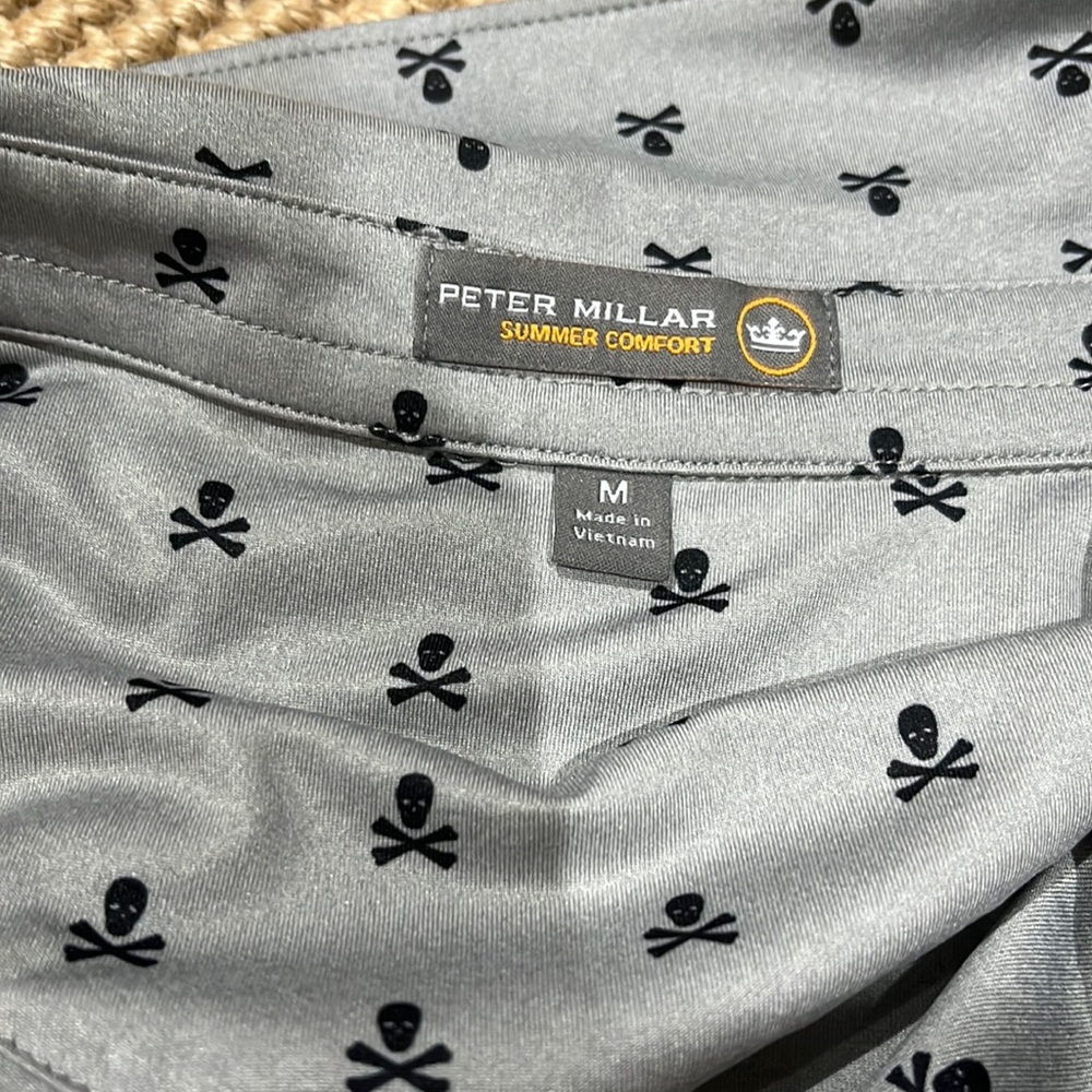 Peter Millar Summer Comfort Skull & Cross Bones Polo Golf Shirt Gray Men’s Med